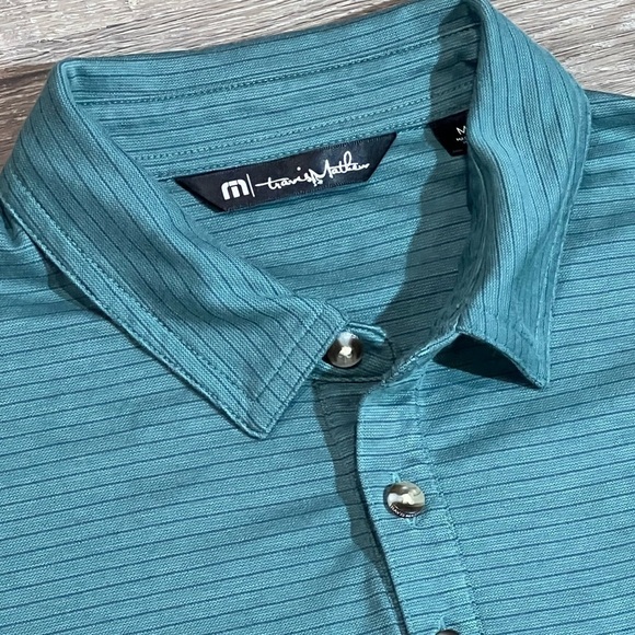 Travis Mathew Medium Knit Stripe Stretch Fitted Polo Shirt Front Pocket - Picture 6 of 9